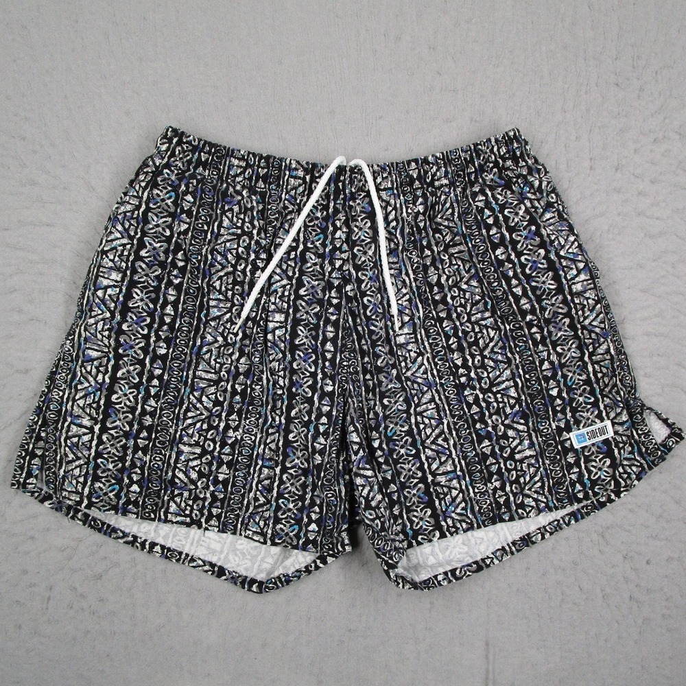 Sideout Vintage Mens Tribal Geometric Shorts Black Blue Made in USA Drawstring